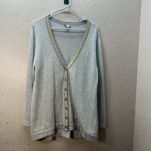 J. Jill Cardigan Sweater SZ L Wool Blend Gray Striped V Neck Knit Preppy Grandma